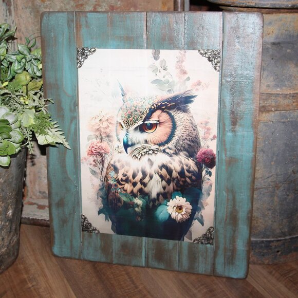 NEW Lrg Rustic Distressed Eclectic Owl & Floral BOHO Farmhouse Wall Decor Art - Picture 1 of 6